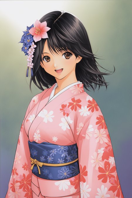 score_7up,
solo,Toujou Aya,japanese clothes,kimono,flower,1girl,smile,hair ornament,floral print,hair flower,brown eyes,black hair,obi,sash,medium hair,long hair,open mouth,
<lora:Mizuki Kawashita_PONY_XL:1.4>,