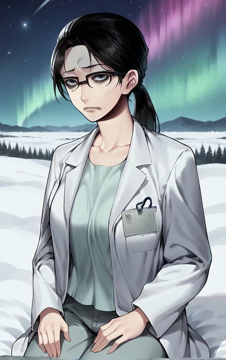 score_9, score_8_up, score_7_up, BREAK
WhiteCoat_DeathMark_ownwaifu, 
1girl, black hair, black-framed eyewear, breasts, glasses, large breasts, ponytail, long hair, grey eyes, semi-rimless eyewear, bags under eyes, sanpaku, turn pale,
white coat, labcoat, name tag, shirt, collarbone, id card, pants, pocket, grey pants, long sleeves,
(sitting, looking up), aurora, shooting star,  star \(sky\), winter, snow, night, scenery, outdoors,  <lora:PONYXL_MadokaHiroo_DeathMark_ownwaifu:0.75> , depth of field, solo,