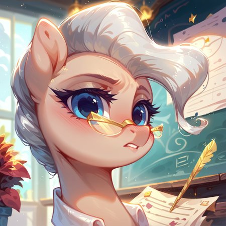 rating_safe, score_9, score_8_up, score_7_up, pony, feral, cute, Mayor Mare, 1girl, non-human, glasses, blue eyes, beige skin, quadruped, animal, pony, gray hair, tail, indoors, pretty face, curvy and petite, heavy blush, light makeup, volumetric lighting, vivid colours, detailed, shiny