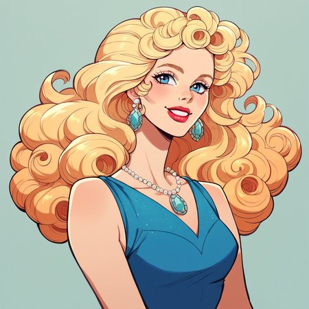 score_9, score_8_up, score_7_up, score_6_up, score_5_up, score_4_up, hud_millirob, 1girl, blonde curly hair, blue eyes, solo, dress, jewelry, retro artstyle,  lipstick, smile, <lora:hud_millirob:0.7>