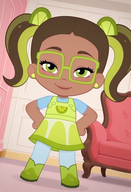 Chb3Hi3, Chibi, cute, masterpiece,best quality,amazing quality, invert, Lime_Chiffon, 1girl, solo, brown skin, green eyes, square glasses, emerald earrings, two-tone hair, brown and lime hair, pigtails, lime-shaped hair-ties, lime green overall skirt, sky blue t-shirt, pastel blue leggings, lime green riding boots,(smile, dutch angle, Hands on hips,naughty pose, looking at viewer, indoors, elegant room, solo, dynamic pose, full_body, head tilt,)