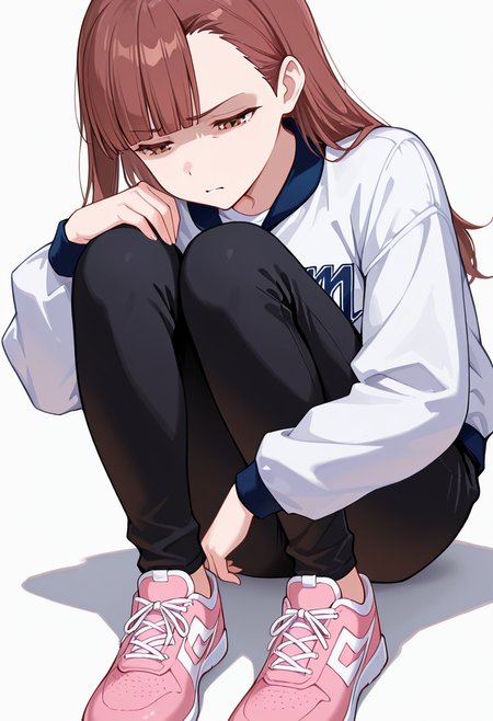 masterpiece,high quality details, absurdres,
 <lora:Nagisa_Satou:0.8>
nagisa_cnr, 1girl, brown hair, long hair, blunt bangs, asymmetrical bangs, brown eyes, 
sportswear, white shirt, white jacket, long sleeves, black pants, pink  sneakers,, simple background, white background, front view,solo,, disgust,depressed,