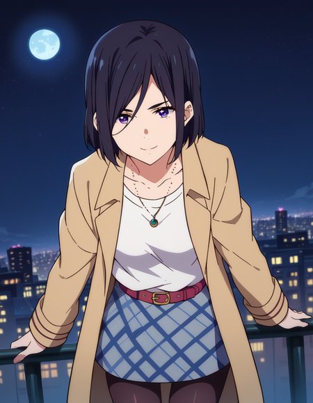 score_9, score_8_up, score_7_up, source_anime,
izuminase, <lora:izumi-nase-s1-ponyxl-lora-nochekaiser:1>,
izumi nase, short hair, black hair, purple eyes,
skirt, shirt, jewelry, open clothes, belt, necklace, coat, black pantyhose, open coat,
outdoors, cityscape, night, moon, bent over, smile,
looking at viewer, cowboy shot, dutch angle, solo,