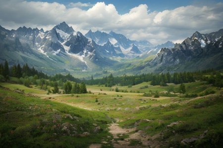 a photorealistic landscape with very close high mountains across the horizon, with lots of fields, woods and meadows stretching out before them and with a fortified town inside of them, ultra realistic, highly detailed, RAW photo, (masterpiece:1.3), subsurface scattering, heavy shadow, professional photography