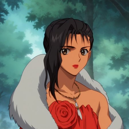 Ugly score_9_up, score_8_up, score_7_up, BREAK, FemaleKai, 1girl, solo, black hair, long hair, brown eyes, lipstick, necklace, feather boa, red dress, upper body,  <lora:FemaleKai_PXL_Leaf1:1>, forest, looking at viewer, anime screenshot,