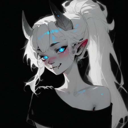 (Blend_in, black background), score_9, score_8_up, score_7_up, masterpiece, best quality, absurdres, vibrant, highly detailed, sketch, monochrome, greyscale, spot color, portrait, Lynn Pink, blue eyes, blush, ponytail, tail, horns, pointy ears, fangs, (((adult))), small breasts, simple black shirt, off shoulder, visible breast, looking at viewer, seductive smile