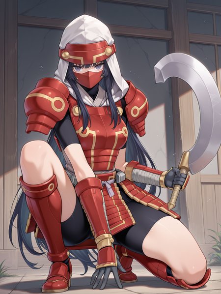 legendary six samurai - mizuho,solo,holding axe,on one knee,east asian architecture,axe,1girl,red armored gloves,red armored knee boots,red armored skirt,red breastplate,red shoulder armor,white shirt,covered mouth,red mouth mask,purple eyes,white hood,hand on floor,
masterpiece,best quality,amazing quality,very aesthetic,absurdres,newest,<lora:Legendary Six Samurai - Mizuho illuXL v1:0.75>,