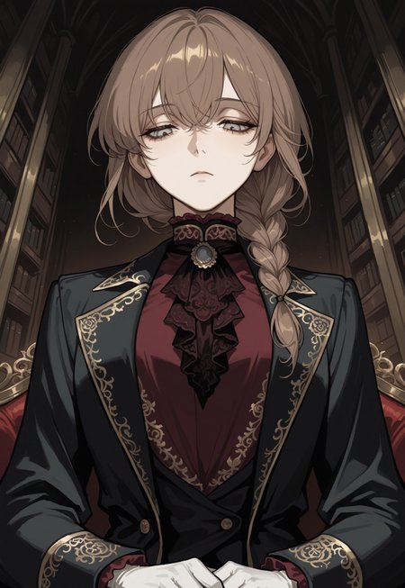 Solo, ethereal, detailed, halfturned, melancholic, from below, upper body, 

dark background, library, 

sitting, 

emotionless, melancholic, thoughtful, looking down, turned to side, 

1girl, silver eyes, brown hair, single braid, side braid, dark green neck cloth, detailed victorian uniform, golden ornate embroidery, black long blazer,  open blazer, dark red blouse, gold braided blouse, white gloves, (tugged in blouse,  black pants:0.4), 

masterpiece, best quality,  very aesthetic, absurdres, newest, 