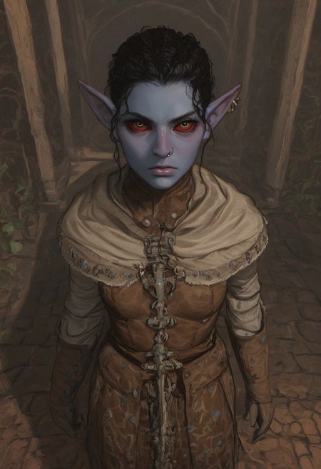 safe_pos, solo, short pointy ears, piercings, random elf face, aquiline features, female dark elf, brow rings, nose rings, beaded piercings, weathered skin, large nose, insect chitin armor, insect chitin helmet, insect chitin ornaments, stylized insect pattern, athletic build,  animated realism, zoomed out, Syrian features, torso, brass pipes and gears, intricate architecture, dwarven masonry, dwemer fixtures, white-green light, gloomy lighting, ancient ruins, interior, stone tiled floor, grey-blue skin, grey skin, mahogany and ivory clothes, medium armor, bone plate armor, ivory straps and fittings, alien bone ornaments, grey wood neckguard, red sclera, black pupils, blue-green light, neon, highly detailed, defined features, looking at viewer, three quarters view, from above, dynamic lighting, 19 years old, light and shadows, patterned cloth, annoyed expression, expressive eyes, detailed medieval clothes, medium_breasts, short hair, wavy hair, thick hair, beaded hair, braided hair, under cut hair, semirealistic, alien elf, spanish features, jewish features, black hair, dark red hair, umber skin, sharp features, pastel green inuit print cloak, nighttime, high detail, absurdres, pretty eyes, detailed eyes, red eyes,