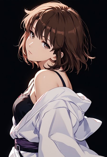 score_9, score_8_up, score_8, score_7_up, source_anime, 
1girl, katou megumi, Megumi <lora:KatoMegumi:1>,brown hair,katou megumi,brown eyes, medium breasts , short hair,   masterpiece, best quality, white kimono (off-shoulder kimono style, exposing one side), hadanugi dousa, black shirt, black pants, black belt, purple sash, boots, black footwear, ((dark black background)), portrait, from side, head tilt, looking at viewer,