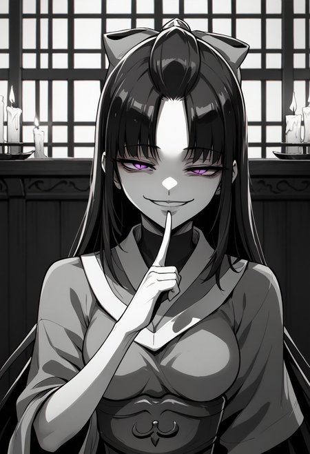 score_9, score_8_up, score_7_up, source_manga, 2d, masterpiece, best quality, (monochrome, greyscale, manga artstyle), SHIKOKU_(MATO_SEIHEI_NO_SLAVE),1girl, solo, long hair, breasts, smile, long sleeves, bow, closed mouth, purple eyes, upper body, hair bow, black hair, japanese clothes, kimono, snake, candle, (gesugao, parted lips, half closed eyes, smug, evil smile), indoors,, pointing finger in cheek, front view, looking at viewer,