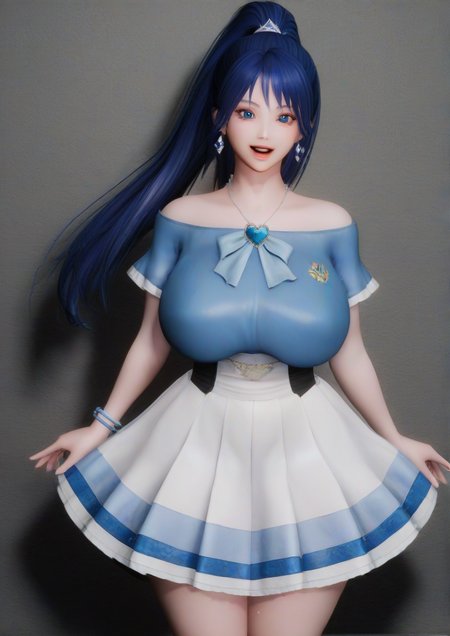 1girl, cure diamond, hishikawa rikka, huge breast, :d, blue eyes, blue hair, bracelet, brooch, collarbone, earrings, floating hair, heart, heart brooch, jewelry, layered skirt, long hair, looking at viewer, miniskirt, open mouth, parted bangs, ponytail, short sleeves, skirt, smile, solo, very long hair, white skirt, 3d, zPDXL3 <lora:skyrimreal:1>