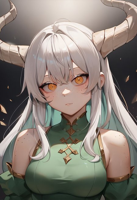 score_9, score_8_up, score_7_up, beautyfull color, aesthetic, GRTDG 1girl, solo, twisted ram's horns, freckles, white hair, long bangs, golden eyes, vertical pupils, pale skin, green dress, BREAK medium shot, detailed background