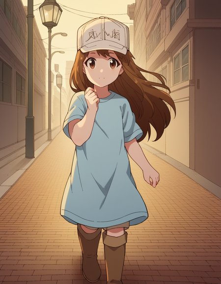 score_9, score_8_up, score_7_up, source_anime, <lora:platelet-s1-ponyxl-lora-nochekaiser:1>, platelet, long hair, brown hair, brown eyes,, shirt, hat, short sleeves, boots, white headwear, blue shirt, flat cap,, city street, evening, streetlights, walking dog, quiet neighborhood, gentle breeze, , looking at viewer, hand palm facing up, solo,, cowboy shot, dutch angle