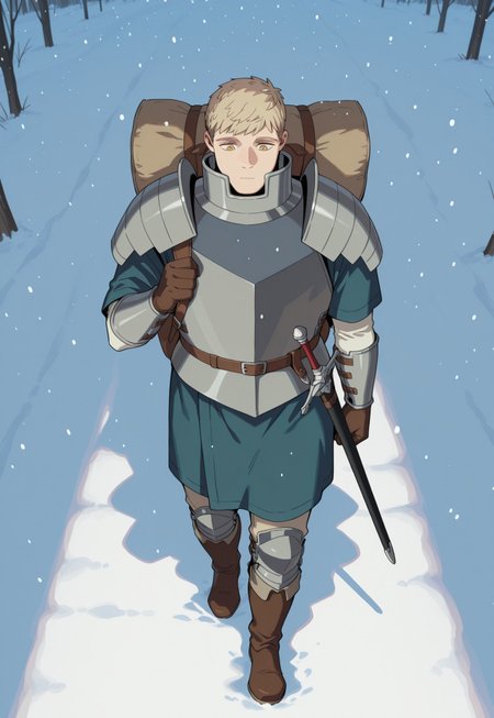 safe_pos, masterpiece, best quality, amazing quality, very aesthetic, absurdres, Dunmeshi_Laios, 
1boy, solo, male focus, blonde hair, short hair, yellow eyes, LaoisWinter, alternate outfit, armor, gorget, pauldrons, cuirass, brown gloves, blue tunic, white shirt, short over long sleeves, arm guards, brown belt, beige pants, knee guards, brown boots, snow, snowing, full body, walking, holding strap, perspective, backpack, sheathed, sheath,