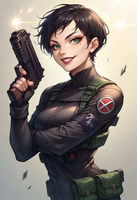 score_9, score_8_up, score_7_up, source_anime, 1girl, solo, yurikosmtiv, black hair, short hair, lipstick, mole under eye, makeup, green eyes, black bodysuit, holding gun, aiming gun, smile, <lora:zs_YurikoIVXL:1>