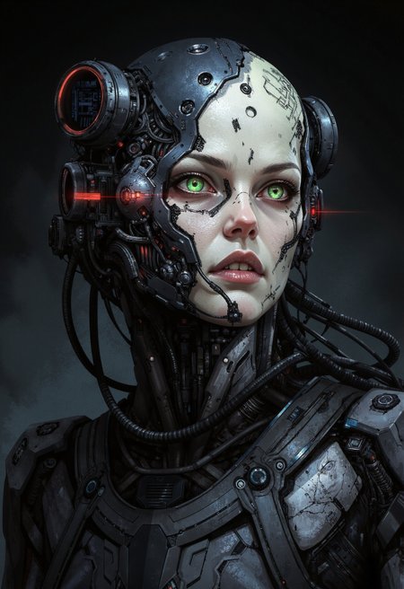 A digital illustration portrait in the style of ck-js, presenting a commanding female figure, the queen and central consciousness of a Borg-inspired collective. Her expression is cold, calculating, and devoid of overt emotion, reflecting a vast networked intelligence. Extensive cybernetic implants dominate one side of her face and skull, featuring dark metallic plating, visible conduits, and integrated micro-circuitry fused seamlessly with pale, remaining organic skin. One eye is replaced by a sophisticated, glowing red or green laser optic scanner, while her remaining eye stares intently with unnerving stillness. Integrated, dark metallic structures form a functional, armor-like torso and shoulders, with tubes running into her neck and spine. Stark, shadowy lighting emphasizes the chilling contrast between flesh and machine. Focus on cold technological dominance, menacing collective intelligence, and the terrifying beauty of assimilation.