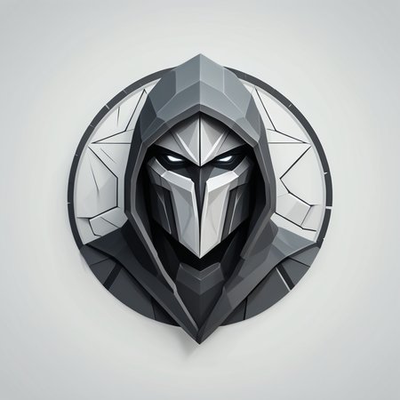 low poly, logotype containing grey and black colors, circle, stone guardian wearing hood