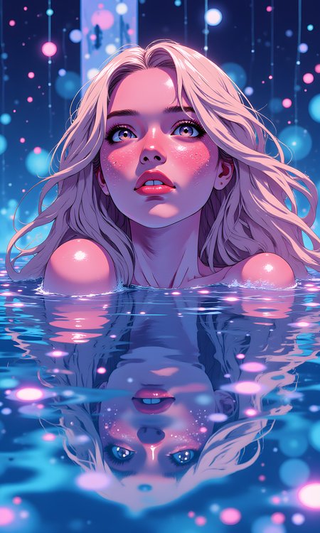A woman with long, blonde hair that appears to be partially submerged in water. Her face is close to the surface, creating a distorted and dreamlike reflection. She has glitter on her face, which adds a magical and ethereal quality to the image. Her expression is serene and contemplative, with her eyes looking directly at the camera.
Her facial expression is calm and introspective. She has a slight upward gaze, suggesting she is lost in thought or experiencing a moment of wonder. The glitter on her face enhances the mystical and otherworldly feel of the image.
She is positioned with her head tilted slightly upwards, as if she is floating or suspended in the water. Her hair flows around her face, adding to the fluid and dynamic nature of the scene. The way she interacts with the water creates a sense of movement and depth.
There are no visible clothes on the woman, as the focus is primarily on her face and the interaction with the water. The absence of clothing allows the viewer to fully appreciate the details of her face and the glitter.
The camera is positioned above the water, capturing the woman from a top-down perspective. This angle allows for a clear view of her face and the reflection in the water. The framing is tight, focusing primarily on her and the immediate surroundings.
The lighting in the image is predominantly blue and pink, creating a surreal and vibrant atmosphere. The light reflects off the water, creating a shimmering effect that adds to the dreamlike quality of the image. The shadows are soft and subtle, enhancing the overall mood and atmosphere.
The background features a blurred and abstract pattern of lights and colors, which suggests an underwater or aquatic environment. The bokeh effect created by the lights adds a layer of visual interest and depth to the image.
The composition is centered and symmetrical, with the woman positioned in the middle of the frame. The lines of her hair and the direction of her gaze guide the viewer's eye through the image, creating a sense of balance and harmony. The overall effect is one of beauty and wonder, capturing a moment of quiet reflection in a magical and surreal setting.
BREAK j_art, anime, anime art, <lora:FLUX\RetroAnimeS1.1:0.1>, <lora:FLUX\GLSHS:0.1>, <lora:FLUX\Dieselpunk Delight - s0_9 g4:0.1>, <lora:FLUX\Anime Art V3:0.1>, <lora:FLUX\jul\J_Anime:1.0>