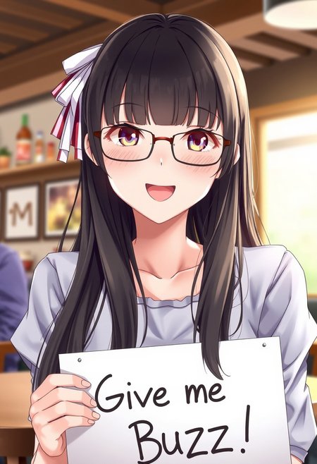 score_4,score_5,score_6,score_7_up,score_8_up,score_9 ((masterpiece,best quality,ultra detailed,highres,HD,4k:1.2)), 
1 girl,solo,face focus,
1 girl,solo,face focus, black hair,long hair,blunt bangs,long sidelocks,large breast,((hair ribbon,glasses)), indoors,cafe, 
(("Give me Buzz.",Beggars Borad,Holding a sign, holding a sign that says, "Give me Buzz."))
looking at viewer,open mouth,blush,happy,smile,cheerful,