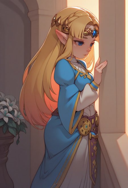 jybstyle,  masterpiece, best quality, solo,                                                                                         princess zelda, dress, tiara, stood on balcony with flowers surrounding the walls, from the side, blue eyes, warm colors,