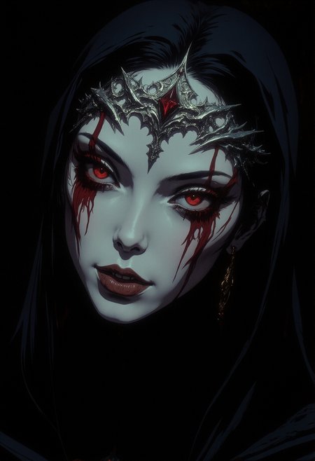A close-up of a pale woman's face with smooth white skin. Her lips are dark red and glossy, slightly parted to reveal white teeth. Her eyes are deep red, appearing as if blood is streaming from them. Blood trickles down from the eyes in thick, shiny streams. She is wearing a silver, intricately detailed tiara adorned with a single red gem at the center of her forehead. The tiara's design flows around her head, blending with the dark, black hood that surrounds her face. Her expression is solemn, yet hauntingly beautiful. The lighting highlights the contrast between her pale skin and the dark elements of her clothing. The background is a deep black, enhancing the intensity of her features and the overall mood of the image. The overall style is hyper-realistic, with a gothic, dark fantasy atmosphere.  <lora:dark_fantasy_flux:0.83> <lora:FredFraiStyle-FLUX-Share:0.63> <lora:sxz-Dark-Fantasy-v2-Flux:0.33> drkfnts style, <lora:NeonFantasyFLUX:0.73> ne0nfant4sy,