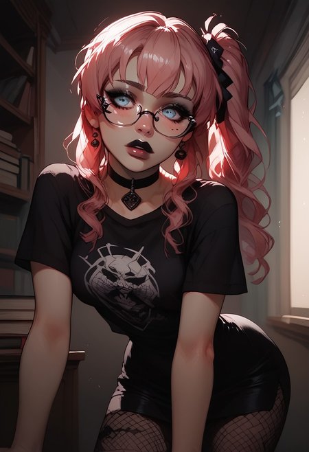 (score_9, score_8_up, score_7_up), VitWaterStyle, g4n1m3, 1girls, kanroji-mitsuri, bright blue eyes, strawberry blonde hair, side ponytail, sexy, looking away shyly, shy smile, shocked eyes, blushed cheeks, dimples, blushing, perfect eyes, librarian reading glasses, stylish glasses, goth, black lipstick, heavy eye shadow, wearing loose black t-shirt, pencil skirt, mesh leggings, long hair, small breasts, medium butt, cinematic light, in school library, Expressiveh, g0thicPXL, wide shot, wide angle, detailed, beautiful girl
Masterpiece, best quality, Detailed drawing, negative_hand,