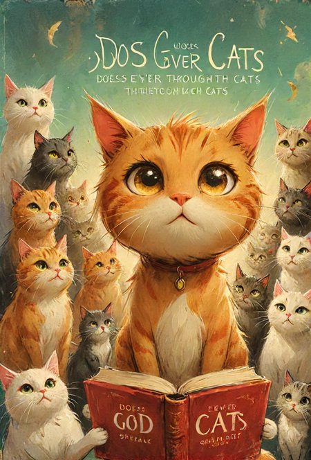 book cover title "Does God Ever Speak through Cats?",  <lora:cinexart:0.5>, <lora:wizards_vintage_romance:0.6>, <lora:Harrlogos_v1.1:0.8>,  <lora:ral-smolinzect:0.4>  <lora:Cute_Drawing:0.4>