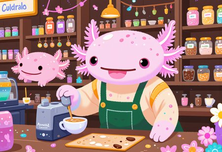 pikaole of, axolotl barista, in a hipster cafe, making artisanal coffee, wearing a trendy apron, eclectic and artsy decor, the axolotls have pink frilly gills and round black eyes