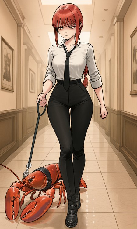 embedding:IllusP0s, f3rn4nd0, pet lobster, holding leash, full body, makima, annoyed, white shirt, black tie, 1girl,<lora:Style_soph-Fernando-ILXL.safetensors:1.0:1.0> <lora:pet lobster, holding leash, full body_illustrious.safetensors:1:1>