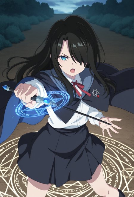 1girl,solo,mm,long hair,black hair,hair over one eye,mole under eye,blue eyes,anime coloring,
school uniform,neck ribbon,red ribbon,cape,dynamic pose,holding wand, wand,magic circle,outdoors,serious, open mouth, standing
,masterpiece,best quality,amazing quality,<lora:Flan-Majo_no_Tabitabi:0.8>