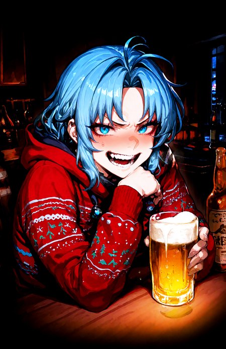 1 girl,  kumoi_ichirin , blue_eyes ,blue_hair,  hood, long_sleeves, looking_at_viewer ,medium_hair ,parted_bangs ,sidelocks , solo, v-shaped_eyebrows , white_footwear, alcohol , beer , bottle, cup, drink, drinking_glass , holding ,holding_cup , laughing,solo,
christmas_sweater,  dark, night, indoors,
,Fishine, munakata_(sekimizu_kazuki),dekosukentr,kizuki_aruchu ï¼ireadingï¼kubo_tite_(style) ,
ï¼masterpiece, best quality, newest, absurdres, highres,
<lora:illustrious_noobai_epsilon_pred_1_best_quality_v1:0.4> ,<lora:illustrious_noobai_epsilon_pred_1_masterpieces_v1:0.4>, <lora:illustrious_noobai_epsilon_pred_11_very_aesthetic_v1:0.4>, <lora:ponyv5_noobV065S_1_adamW:0.6>, <lora:add-detail-xl:0.4>, <lora:GEN(illust) 0.2v:0.6>, <lora:USNR STYLE_XL_loha:0.6>, <lora:cfg_scale_boost:0.4>, <lora:christmas_sweater:0.8>