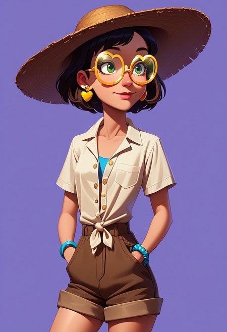 score_9, score_8_up, score_7_up, mgas, masterpiece, best quality, detailed eyes, detailed face, perfect eyes, high detailed, absurdres, highres, casual game art, mobile game art, merge 3 game art, character design, BREAK, 1girl, woman, young, solo, thoughtful, small breasts, brown short hair, green eyes, (gray small round earrings), ((golden heart shaped glasses:1.5)), 2 bracelets on the left hand, a blue bracelet on the left hand, a white bracelet on the left hand, a brown straw panama hat with a white flower on the left, ((a white T-shirt under shirt, unbuttoned blue check shirt tied at the waist)), (brown short shorts with pockets and buttons), BREAK ((the right hand is at the face, the right hand is raised, the right hand is at the chin, the left hand holds the right arm at the elbow, the left arm is bent at the elbow)), looking to the right, standing, cowboy shot, semi-sideways, half-sideways, BREAK simple background, violet background