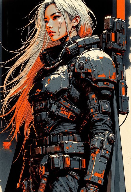 inksketch, stunning oriental female space pirate, messy multicoloured hair, weathered and worn power armour, standing on a spaceship command deck, silhouetted, chiascuro