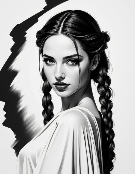 zavy-fnrt , This is a highly detailed, hyper-realistic black and white drawing of a young woman with a striking expression. She has a fair complexion, long, wavy hair styled in two braids that fall over her shoulders, and dark, expressive eyes that gaze directly at the viewer. Her lips are full and painted in a deep, rich shade of red, adding a dramatic contrast to the monochromatic background. She is partially draped in a loose, flowing garment that is rendered with soft, feathery strokes, giving it a delicate, almost ethereal texture. Her physique is slender, and she is posed in a three-quarter view, turning her head slightly to the left. The background is minimalistic and abstract, consisting of soft, smudged lines and gradients that emphasize the subject without distracting from her features. The overall style of the drawing is highly realistic, with meticulous attention to detail in the textures and shadows, creating a sense of depth and realism. The image conveys a sense of intimacy and sensualism. <lora:ck-greasepencil__:1> <lora:Add_More_details_Flux:1>