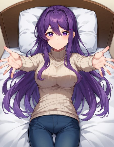 score_9, score_8_up, score_7_up, source_anime,
ddlcyuri, <lora:ddlc-yuri-ponyxl-lora-nochekaiser:1>
ddlcyuri, hair ornament, hairclip, long hair, purple eyes, purple hair,
casual clothes, grey sweater, miniskirt, pants, ribbed sweater, skirt, sweater, turtleneck, turtleneck sweater,
indoors, bed, bed room, on back, arm support, arms up, incoming hug, pov, reaching, reaching towards viewer,
looking at viewer, dutch angle, cowboy shot,