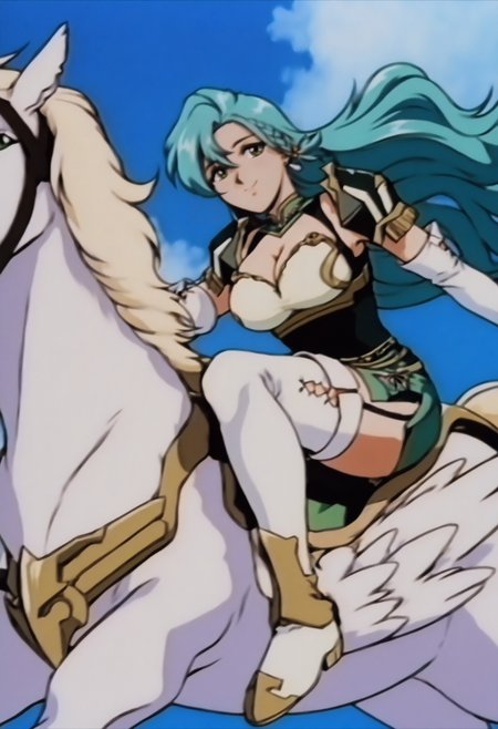 masterpiece, best quality, solo, looking at viewer, 1girl, smile,  <lora:ChloeFE-illu:1>, clde, long hair, aqua hair, side braid, green eyes, earrings, cleavage, large breasts, breastplate, pauldrons, pegasus knight uniform \(fire emblem\), elbow gloves, white gloves, short dress, pelvic curtain, belt, garter straps, thigh boots, riding, pegasus, sky, cloud,  winged horse, flowing hair, <lora:FeOVA_GLoRA-illus_Fp:1>, retro artstyle, flying, wide shot, white footwear,