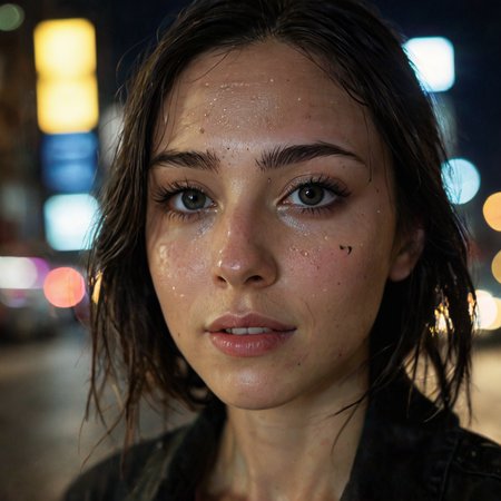 circular lens, in a city at night, rain, artificial light