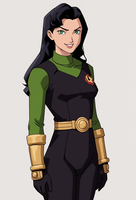 1girl, female focus, solo, Caitlin, black hair, long hair, green eyes, small breasts, turtleneck, Power Pack uniform, asymmetrical clothes, print bodysuit, green bodysuit, black bodysuit, bracers, metal bracers, belt, cowboy shot, looking at viewer, smile, v, rating_safe, simple background, white background