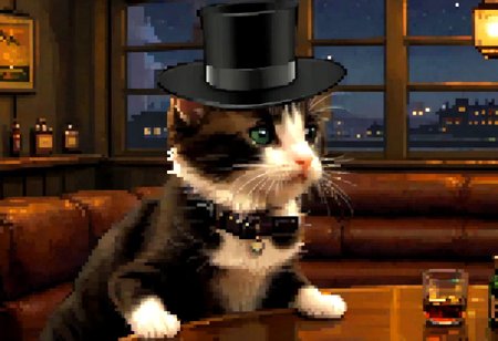 (pixel-art), modeltrue, houdinicat, best quality, 4k, hd, a cat with a black top hat in a bar looking nostalgic smoking a cigar, indoors, instrument, (1cat), silly_cat, standing, window, table , bottle, hat, smile, looking_at_viewer, scenery, guitar, chair,  night, glasses, curtains, lantern, depth_of_field, realistic, couch, shadow, choker, jacket, light, fire, open_clothes, profile, low light, ray tracing, melancholic, dutch_angle