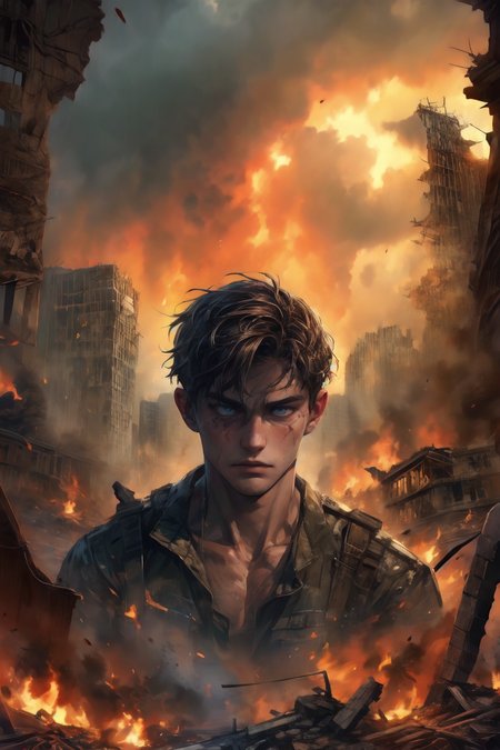 Wasteland Style, war, ruins, flames of war, tragic, miserable, portrait, 1boy, 20 years old, handsome, (Clear and sincere eyes:1.2), shirtless,
 <lora:add_detail:1>,  <lora:Wasteland:1>,<lora:çµå½±ï¼æµ·æ¥_1:1>