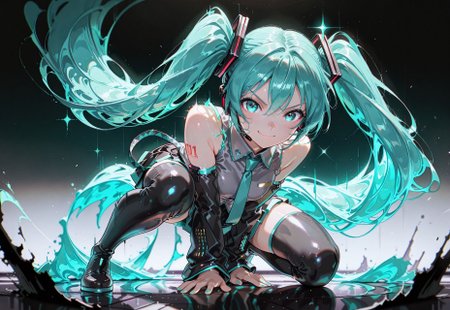 1girl, hatsune miku (vocaloid), aqua eyes, aqua hair, aqua nails, twintails, very long hair, flowing hair, glowing hair, hair focus, detached sleeves, black sleeves, aqua trim, bare shoulders, collared shirt, sleeveless shirt, pleated skirt, grey shirt, necktie, black thigh boots, sparkling aura, number tattoo, superhero landing, looking ahead, on one knee, arm back, looking at viewer, >:), sidelighting, painterly, glitch art, gradient background, two tone background, masterpiece, best quality, good quality, very awa, very aesthetic, absurdres, newest, ckym 