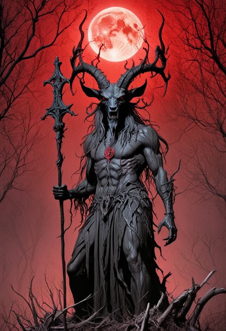 In a clearing surrounded by tall ancient oaks, the dark mage Baphomet, Satan's goat, raises his staff, carved from a twisted branch, towards the blood-red harvest moon. Dark energy pulses from the staff, twisting through the air. His smirk reveals sharp teeth.
450 dpi, 4K resolution, alcohol ink splatter, perfectly calibrated composition, rule of thirds