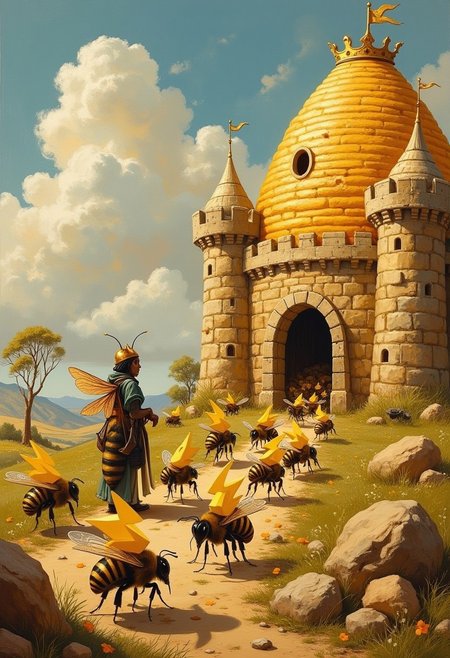 A whimsical evolyzed painting of a bee colony. The commanding queen bee, wearing a golden crown, is standing by the gates to the hive which looks like a castle. Hordes of worker bees are milling into the hive carrying something that looks like yellow 3D objects in the shape of stylized lightning bolts on their backs.