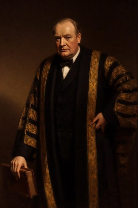 frankowensalisbury1 painting.
Winston Churchill, a middle-aged English man, is dressed in a black suit, white shirt, bow tie, and a robe with gold embroidery. He has one hand resting on the spine of a leather-bound book, and the other hand resting on his hip. The background is a plain, dark brown. <lora:frankowensalisbury1_cap_d8a4:1.0><lora:863247231585665002:0>