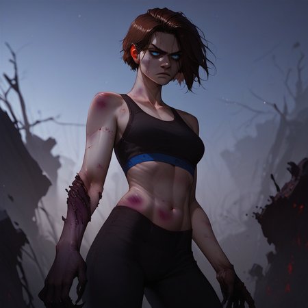 (score_9, score_8_up, score_7_up). (line work, excellent drawing, highest quality, extremely detailed:1.2). solo, a woman watching her arm be corrupted. 1girl, brown hair, short hair, blue eyes, black pants, sports bra, gradient skin, corrupted_arm, claws, spreading corruption, spreading infection, infected hand, infected forearm, charred skin, (dark hands), bruised hand, black fingers, dark forearm, purple veins, pale skin, thin, injured, serious, relaxed posture, g0thicPXL, romantic, source_cartoon, outdoors, night, dark, moonlight, medium distance, cowboy_shot, semirealistic, side angle, depth of field