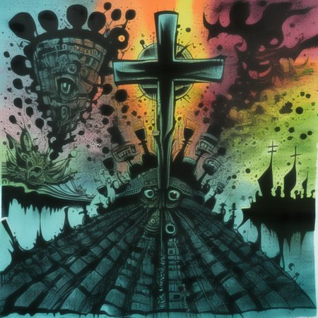 corcoc3s crosses on the rock, psychedelic colors <lora:corcoc3s:1>