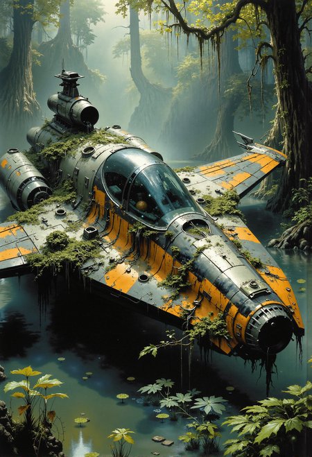 A damaged sci-fi spaceship fighter lies partially submerged in a murky swamp, its hull covered in grime and corrosion from years of abandonment. Thick vines and tangled moss weave through its wings and cockpit, as if nature itself is reclaiming the iconic starship. The surrounding jungle is dense and vibrant, with towering trees, lush ferns, and mist hanging in the humid air. The swampy water reflects the faint glow of alien plants, while the spaceships once-bright markings are barely visible beneath layers of dirt and vegetation, creating an eerie and atmospheric scene of decay and wilderness. <lora:Elden_Ring_-_Yoshitaka_Amano.safetensors:1.0>,   <lora:Movie_Portrait.safetensors:0.5>,  <lora:- Flux1 - soothing_atmo_V2.0.safetensors:0.2>,  <lora:lith_mimosa_kiel_grw134_FLUX.safetensors:0.4>,  <lora:ancient.safetensors:0.3>,  <lora:Ethereal Grace - s1 g4.safetensors:0.5>,
