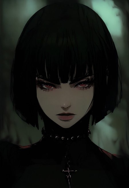 gthan, 1girl, solo, short hair, black hair, jewelry, looking at viewer, necklace, cross, portrait, bangs, red eyes, closed mouth, turtleneck, blurry background, cross necklace, lips, piercing, blurry, bob cut, eyelashes