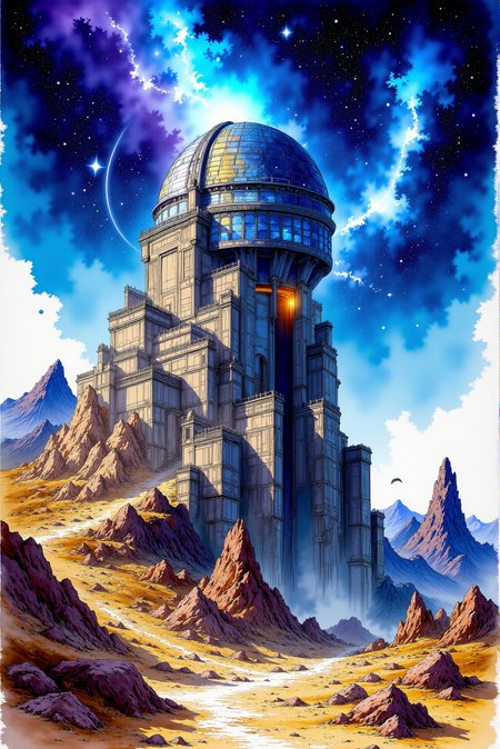 <lora:Vibrant_watercolor_v.21:0.99> A technical watercolor concept design sketch presents a grand celestial observatory perched atop a rugged alien plateau, overlooking an otherworldly expanse beneath a vast nebula-filled sky. The structure is a fusion of ancient mysticism and advanced engineering, with massive crystal lenses embedded within an elegant, spiraling tower etched with celestial glyphs. The watercolor technique breathes life into the alien landscapeâdeep cerulean blues and cosmic purples blend seamlessly into a luminous sky where swirling nebulae and distant galaxies pulse with iridescent color. Metallic ink highlights trace the contours of the observatoryâs intricate mechanisms, hinting at a civilization that bridges science and artistry. The composition is framed from a dramatic low-angle perspective, emphasizing the grandeur of the structure against the cosmic expanse, where meteor trails and orbiting satellites complete the celestial spectacle.